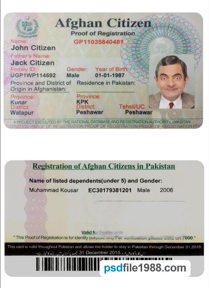Afghanistan Citizen Proof of Registration Card PSD